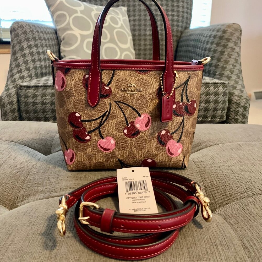 Coach City Mini Tote in signature canvas with cherry print